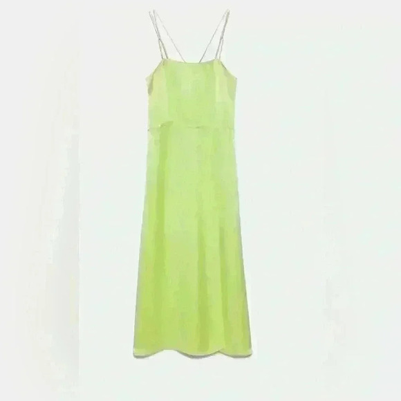 ZARA lime green satin Spaghetti straps cross at back  long dress size XS - Picture 4 of 7